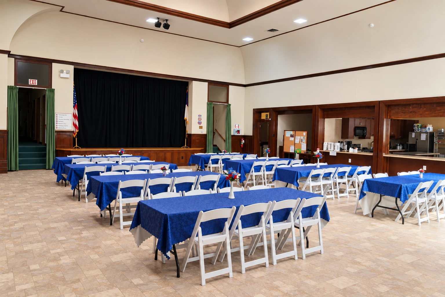 Social Hall at Zion Lutheran Church with tables and stage