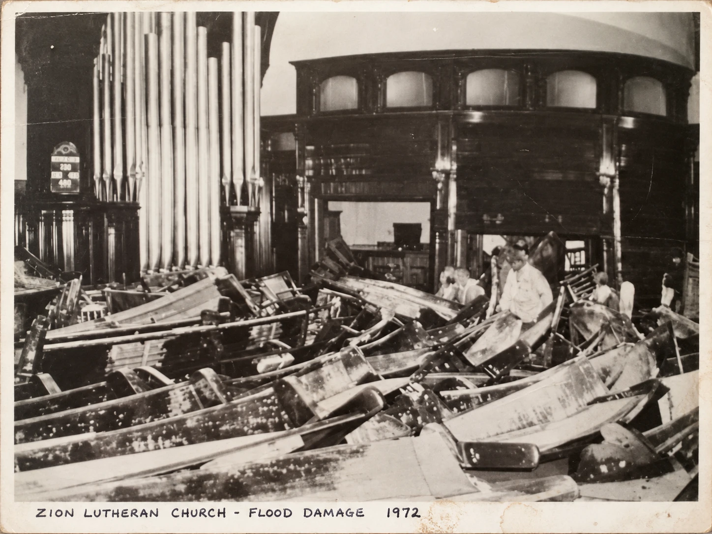 Flood damage inside Zion Lutheran Church in 1972