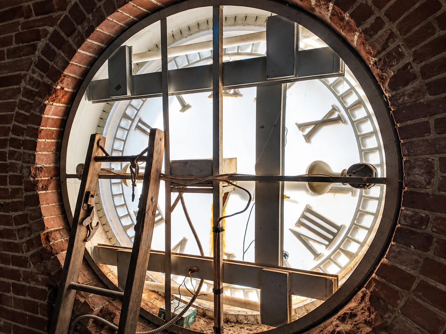 Inside Zion Lutheran Church's clock tower looking toward the clock mechanism